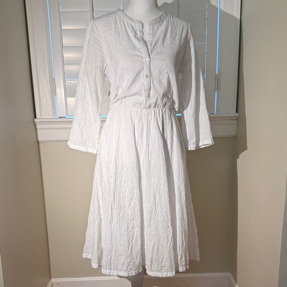 Women's White Embroidered Midi Dress with Button Front